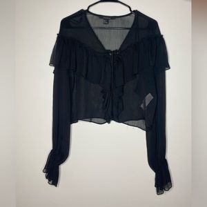 Sheer cropped long sleeve ruffled Forever 21 blouse black,medium